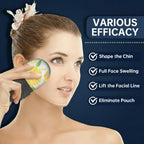 Infografía de crioterapia facial Xorevial: moldea la barbilla, reduce la hinchazón, levanta la línea facial y elimina bolsas. Uso del molde de hielo con flor en el interior.