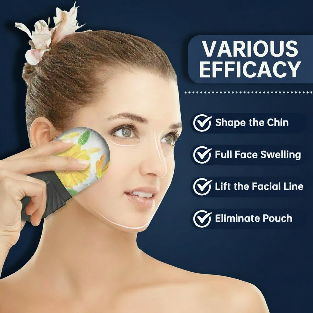 Infografía de crioterapia facial Xorevial: moldea la barbilla, reduce la hinchazón, levanta la línea facial y elimina bolsas. Uso del molde de hielo con flor en el interior.