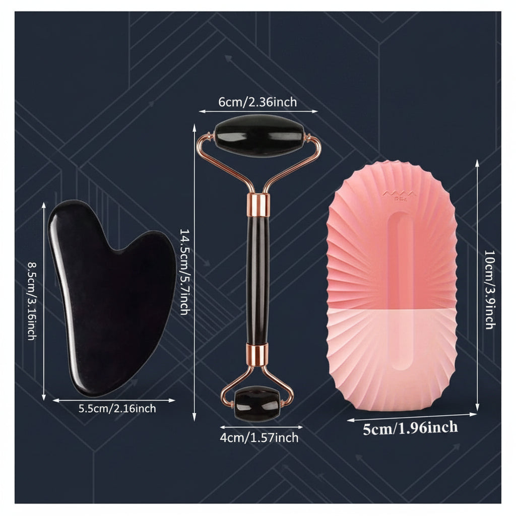 Diagrama de medidas del set de masaje facial Xorevial: rodillo de obsidiana de 14.5cm, piedra Gua Sha de 8.5cm y molde de hielo de 10cm, indicando materiales de resina.
