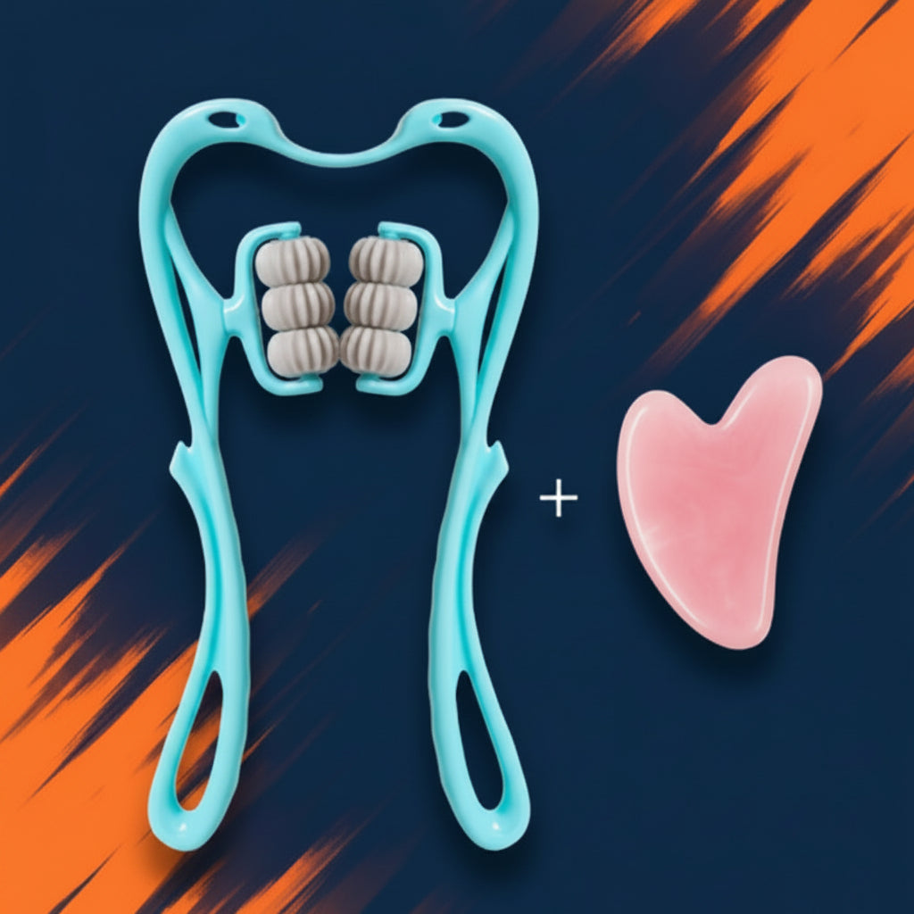 Aplicación de la piedra Gua Sha rosa en las mejillas y mandíbula y masajeador azul