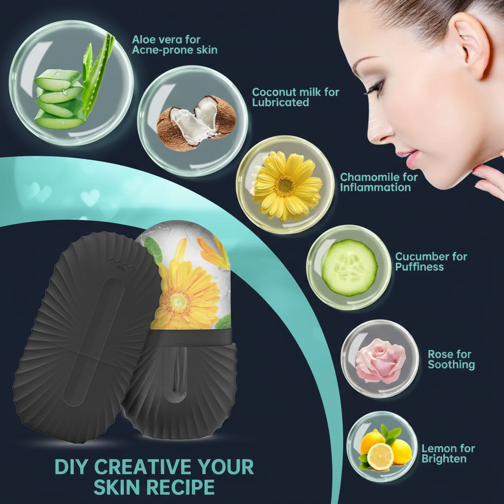 Imagen conceptual de recetas DIY con el molde de hielo Xorevial. Muestra ingredientes naturales como aloe vera, coco, manzanilla, pepino, rosa y limón para personalizar tu cuidado de la piel.