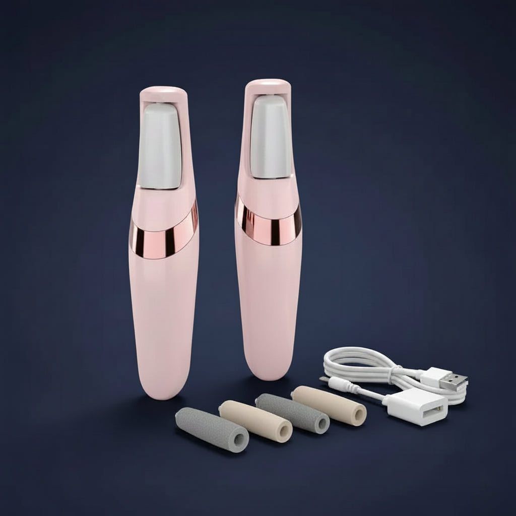 Presentación de la lijadora eléctrica de pies en color rosa con sus rodillos de repuesto intercambiables y cable de carga USB.