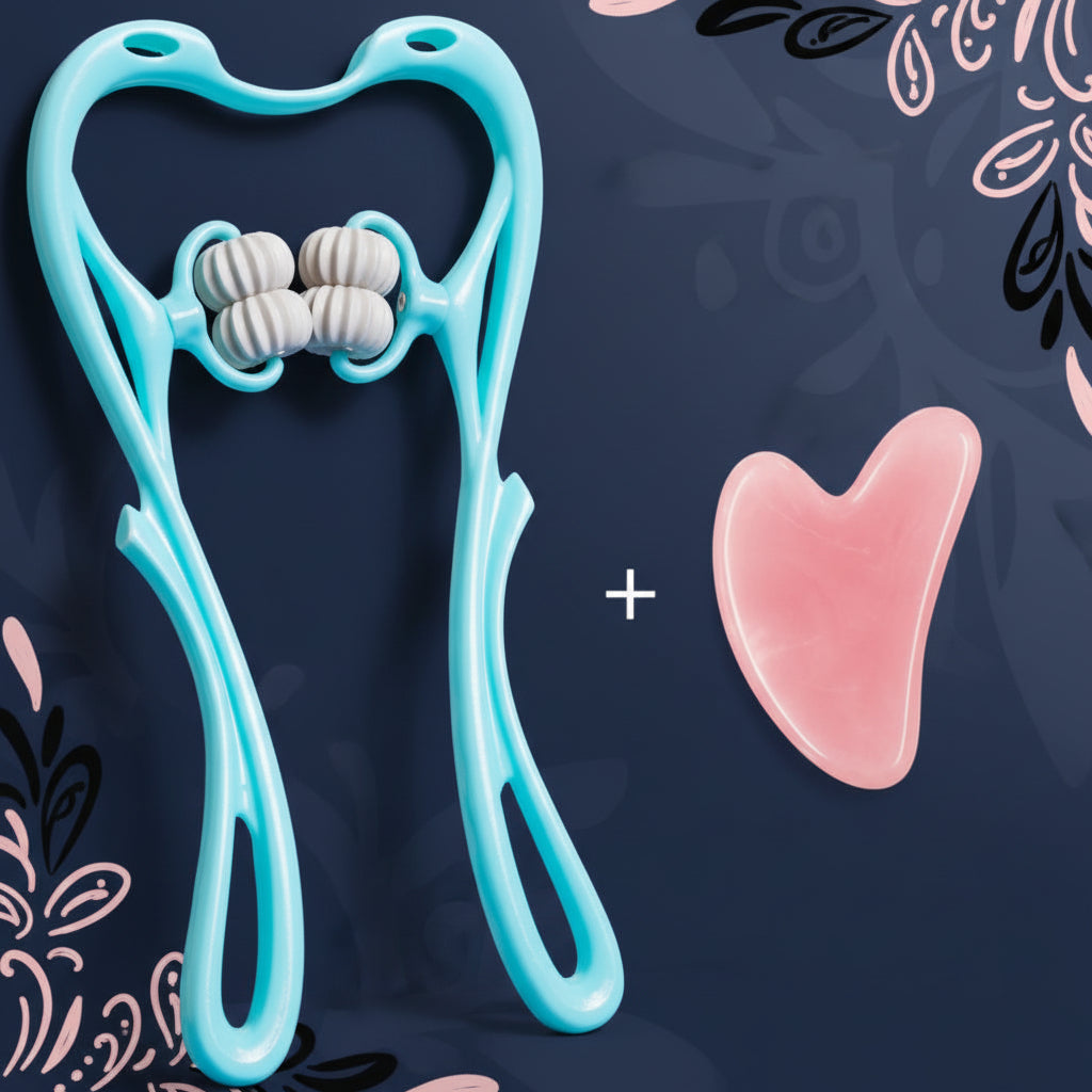 Set de masajeador cervical de rodillos y piedra Gua Sha para rostro