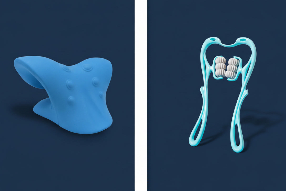 Kit de relajación cervical azul con almohada de tracción y masajeador de rodillos