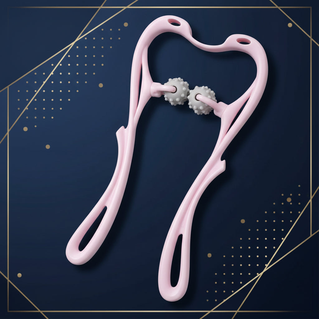 Masajeador cervical de cuello rosa con rodillos esféricos texturizados grises