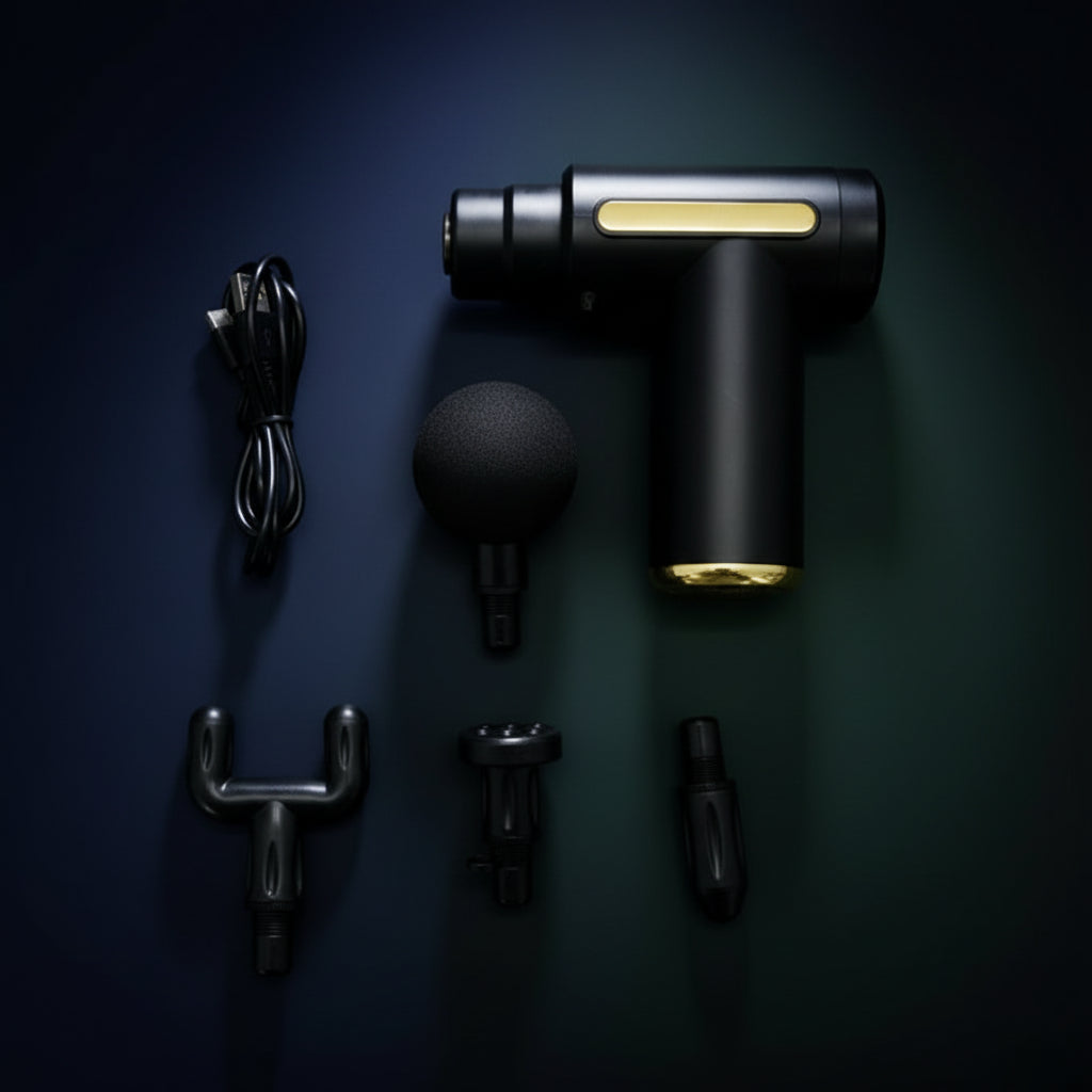 Masajeador muscular negro con cuatro cabezales intercambiables y cable USB