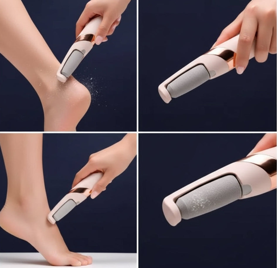 Secuencia de cuatro imágenes que muestran el proceso de exfoliación y cuidado de los pies con la lima eléctrica inalámbrica.