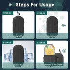 Tutorial de 4 pasos para el molde de hielo Xorevial: 1. Llenar de agua, 2. Congelar, 3. Retirar del congelador, 4. Enjuagar y abrir. Incluye la flor en el interior del cubo.