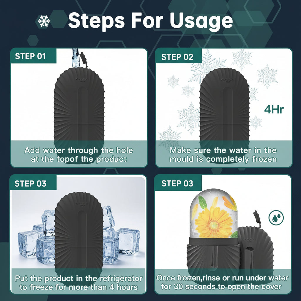 Tutorial de 4 pasos para el molde de hielo Xorevial: 1. Llenar de agua, 2. Congelar, 3. Retirar del congelador, 4. Enjuagar y abrir. Incluye la flor en el interior del cubo.