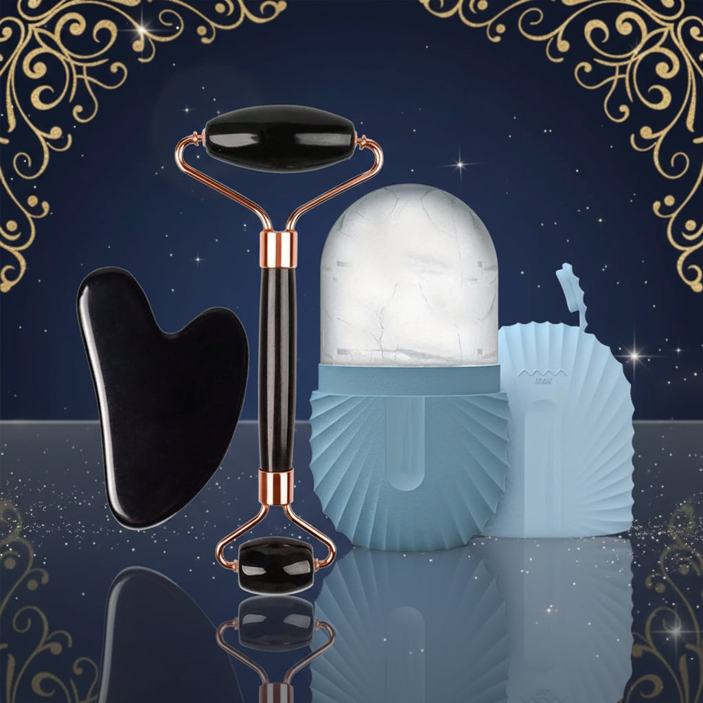 Set de belleza Xorevial compuesto por rodillo de obsidiana, piedra Gua Sha negra y molde de hielo de silicona en color azul claro.