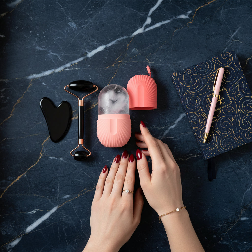 Kit de masaje facial Xorevial que incluye rodillo de obsidiana negra, piedra Gua Sha y molde de hielo de silicona en tono coral brillante.