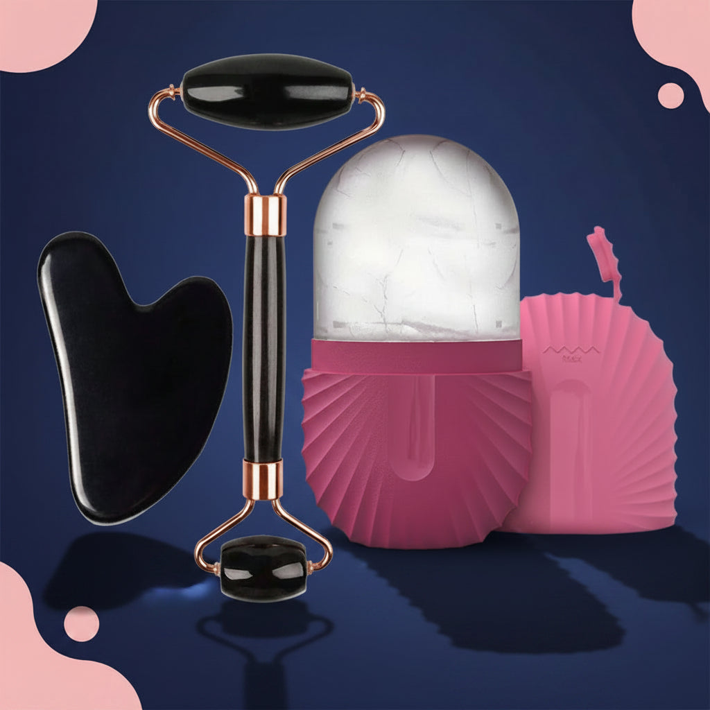 Set de masajeador facial Xorevial compuesto por rodillo de obsidiana, piedra Gua Sha negra y herramienta de crioterapia en color fucsia brillante.