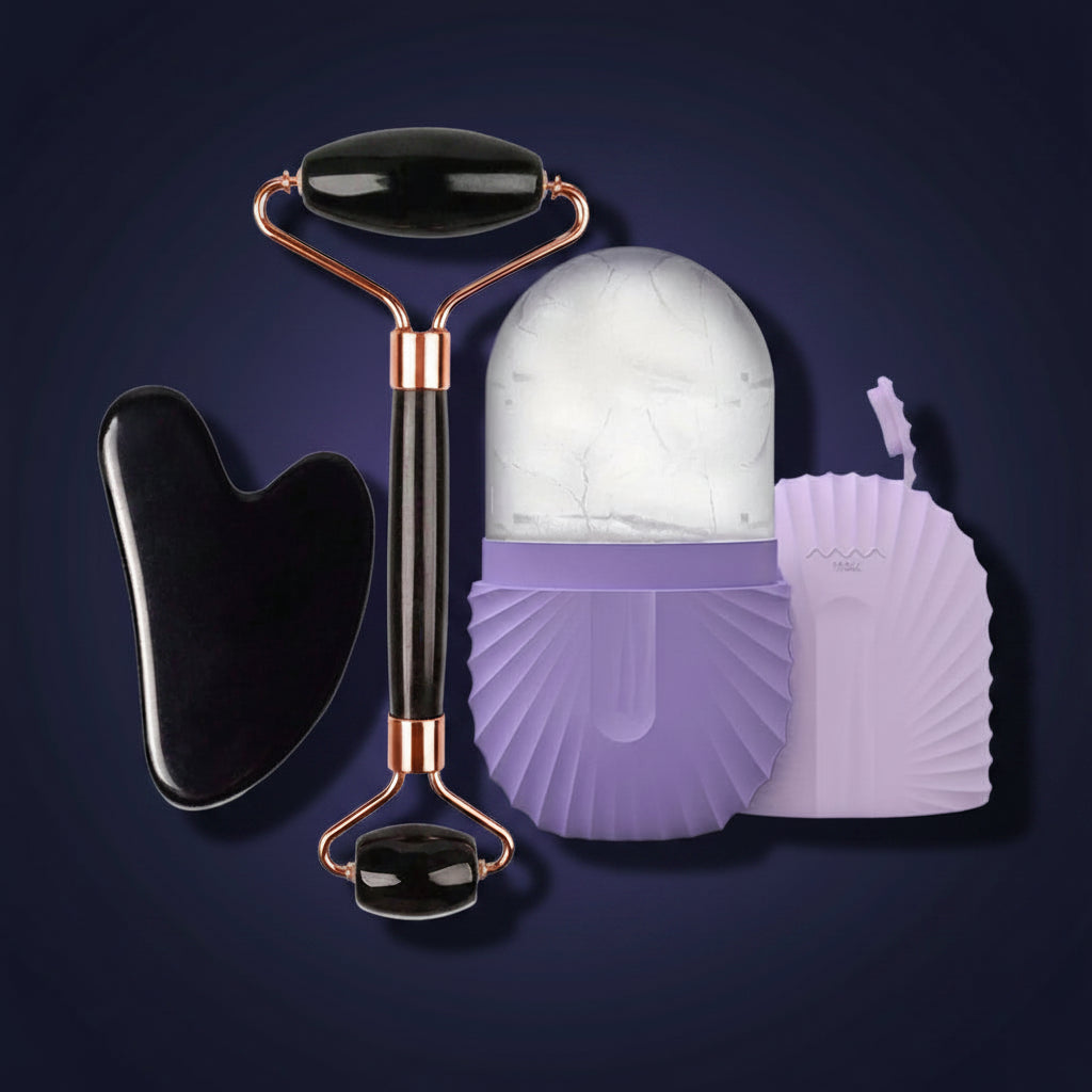 Kit completo de cuidado facial Xorevial con rodillo de obsidiana, piedra Gua Sha y molde de hielo de silicona en color lila con base y tapa.