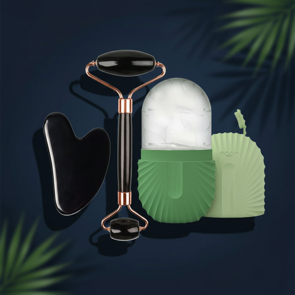 Kit de belleza Xorevial que incluye rodillo de obsidiana, piedra Gua Sha y molde de hielo de silicona en color verde con base y tapa protectora.